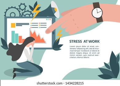 Boss pressure employee; tired, exhausted worker dealing with overly demanded pushy boss. Unrealistic expectations, deadline, stress disorder at work concept. How to eliminate stress at work banner.