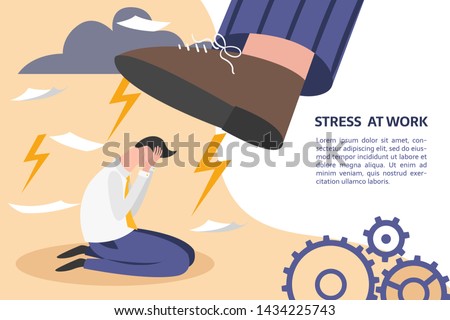 Boss pressure employee; tired, exhausted worker dealing with overly demanded pushy boss. Unrealistic expectations, deadline, stress disorder at work concept. How to eliminate stress at work banner.