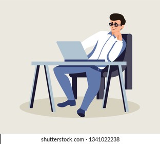 Boss in private office flat vector illustration. Relaxed confident employer at workplace. Middle aged man in glasses working on laptop. Programmer, project manager.Cartoon character sitting at desk