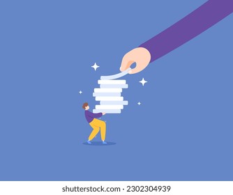 The boss provides a lot of duties to employees. The work assignments are too many and keep adding. Completing work that is increasingly piling up. Workloads. superiors and subordinates. illustration