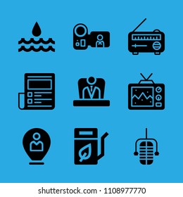 boss, radio, news paper, water, camcorder, location, microphone, biodiesel and television vector icon. Simple icons set