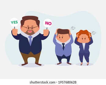 Boss raised a right or wrong sign for the staff to choose, Young man and woman feeling stressed in cartoon character, isolated vector illustrations