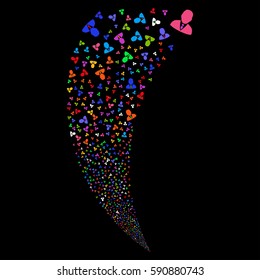Boss random fireworks stream. Vector illustration style is flat bright multicolored iconic symbols on a black background. Object fountain organized from scattered icons.