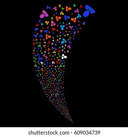 Boss random fireworks stream. Vector illustration style is flat bright multicolored iconic symbols on a black background. Object fountain made from scattered pictograms.