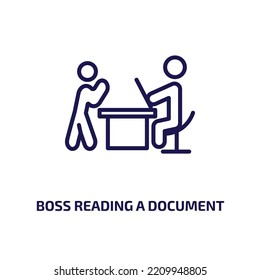 boss reading a document icon from business collection. Thin linear boss reading a document, boss, businessman outline icon isolated on white background. Line vector boss reading a document sign, 
