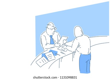 boss reading job applicant resume checking work experience during interview in office recruiter or employer looking cv sketch doodle vector illustration