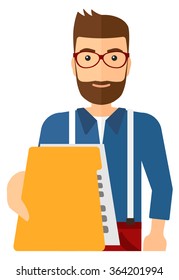 Boss receiving file from employee.