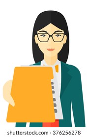 Boss receiving file from employee.