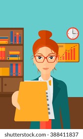 Boss receiving file from employee.