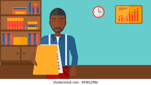 Boss receiving file from employee.