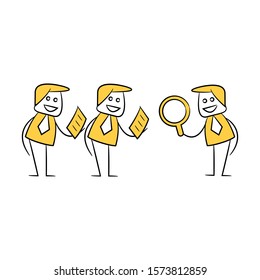 boss, recruiter checks cv document yellow stick figure