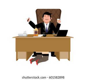 Boss Relax With Whiskey And Secretary. Businessman Sitting At Table. Assistant Under Table. Office Life