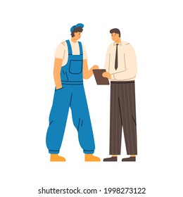 Boss and repairman talking and discussing work. Communication of office worker with clipboard and mechanic in overall. Flat vector illustration of engineer and serviceman isolated on white background