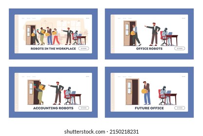 Boss Replacing Employees on Robot Landing Page Template Set. Workers Characters Leaving Office with Stuff in Carton Boxes due to Dismissal from Workplace. Cartoon People Vector Illustration