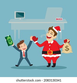Boss in Santa Claus costume give extra money to male employees, Illustration vector cartoon

