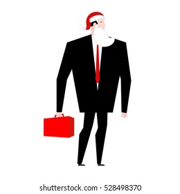 Boss Santa Claus False beard and red cap. Businessman in festive mask. Man in business suit with suitcase. Christmas in office. corporate New Year at work

