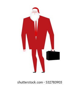 Boss Santa Claus False beard and red cap. Businessman in festive mask. Man in business suit with suitcase. Christmas in office. corporate New Year at work