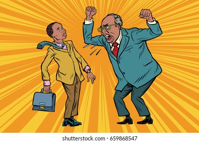 Boss scolds businessman. African American people. Conflicts at work. Pop art retro vector illustration