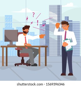 Boss scolds and pointing index finger at employee on office background. Bad luck and stressful situations concept. Flat Art Vector illustration