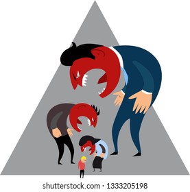 Boss screaming at employee, who's screaming at his wife, who's screaming at a kid, EPS 8 vector illustration