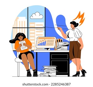 Boss screaming at worker. Boss scolds subordinate, criticism. Poor company atmosphere and inefficient workflow. Fury and anger, negative emotions. Cartoon flat vector illustration