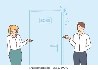 Boss screams frighten employees standing outside door and are afraid to go in and break into manager. Aggressive boss insults or blames defenseless subordinates for mistakes, located in own office