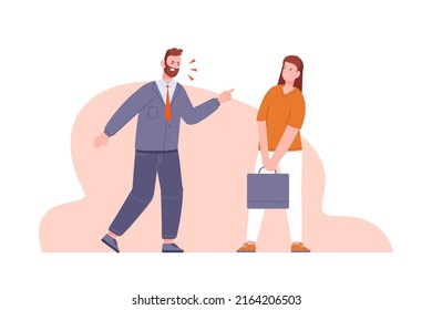 Boss Screams On Worker. Annoying Angry Employer Shouting Woman Employee, Rude Leader Man Scream Voices Manager, Bad Bossing Emotional Businessman Yell Character Vector Illustration