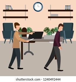 The boss screams at the subordinate in the office. Vector illustration, flat design style.