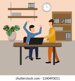 The boss screams at the subordinate in the office. Vector illustration, flat design style.