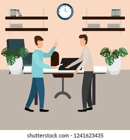 The boss screams at the subordinate in the office. Vector illustration, flat design style