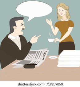 The boss screams at the subordinate. Secretary brings coffee to the head