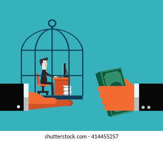 Boss sells his employee in a cage.  Work under pressure, stressing situations, subordination, overwork and power abuse vector concept illustration