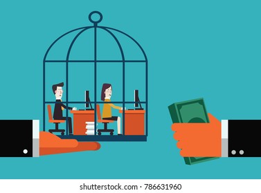 Boss sells his employee in a cage. Work under pressure, stressing situations, subordination, overwork and power abuse vector concept illustration