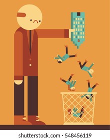 A boss shakes a small building and throws some employees into the trash can