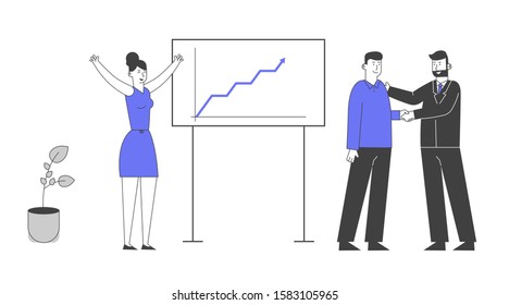 Boss Shaking Hand to Office Employee Standing at Chartboard with Growing Arrow Graph. Happy Woman Rejoice. Director Congratulate Workers for Successful Work. Cartoon Flat Vector Illustration, Line Art