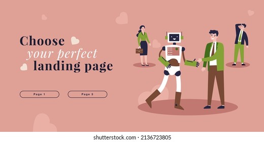 Boss shaking hands with robot, standing near office workers. AI replacing human employees flat vector illustration. Unemployment, automation concept for banner, website design or landing web page