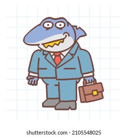 Boss shark holding suitcase and smiling. Hand drawn character. Vector Illustration