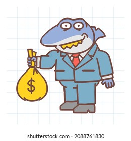 Boss shark holds bag of money holds suitcase and smiles. Hand drawn character. Vector Illustration