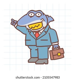 Boss shark holds suitcase and points finger at. Hand drawn character. Vector Illustration