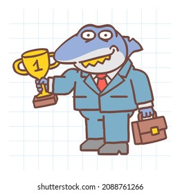 Boss shark standing holds gold cup holds suitcase and smiles. Hand drawn character. Vector Illustration