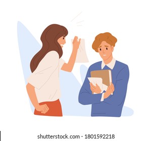 Boss shout and demonstrate document with mistake to employee. Depressed manager holding papers. Scene of office scolds or psychological pressure. Flat vector cartoon illustration isolated on white