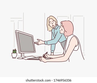 Boss shouting to employee because she mistake working.
Hand drawn style vector design illustrations.