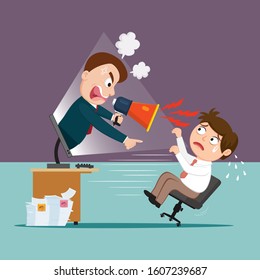 Boss shouting to employee using a megaphone, illustration vector cartoon