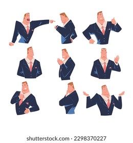 Jefe mostrando varias emociones y gestos ambientados. Fuerte personaje de negocios muscular en ilustración vectorial de traje azul