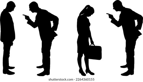 Boss silhouette yelling at employee man and woman set. Business concept of dismissal, reprimand and bullying. Vector Silhouette