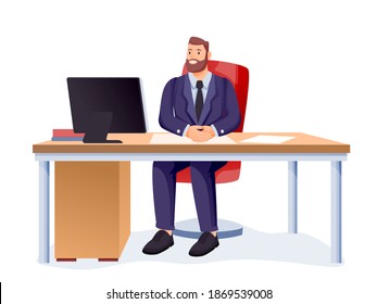 Boss sitting in business office. Happy executive or ceo of company working at desk computer. Corporate workspace vector illustration. Workplace modern interior on white background.