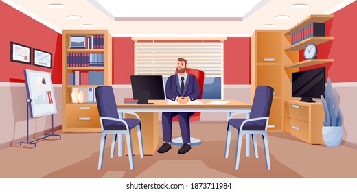 Boss Sitting In Business Office. Happy Executive Or Ceo Of Company Working At Desk Computer. Corporate Workspace Vector Illustration. Workplace Modern Interior Design Background.