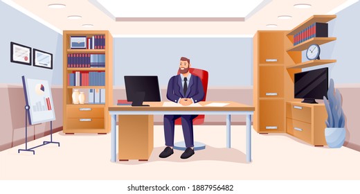 Boss sitting in business office. Happy executive or ceo of company working at desk computer. Corporate workspace vector illustration. Workplace modern interior design background.