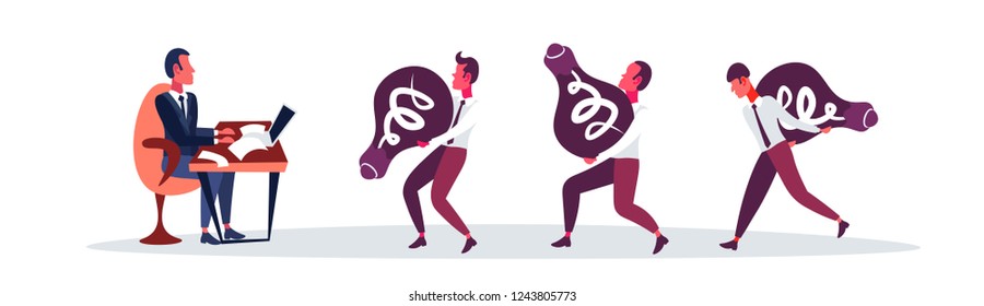 boss sitting office workplace business people carry light lamp innovation teamwork concept cartoon character full length flat isolated horizontal banner