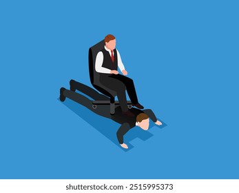 Boss sitting on the backs of employees like horses. Business hierarchy 3d isometric vector illustration